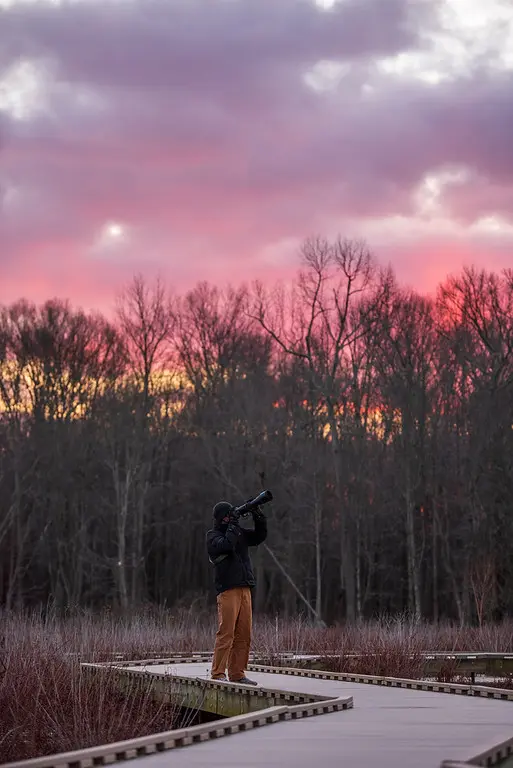 Brian Conn photographing at dawn from a boardwalk